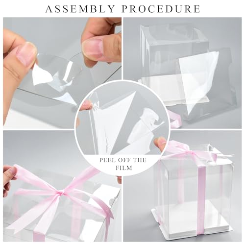 BURLIHOME 8x8x10 Clear Cake Boxes,Square Cake Carrier with Ribbon,5 Pack