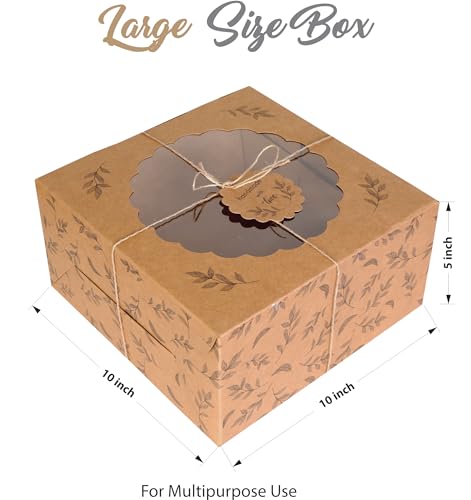 Kraft Cake Boxes with Window (10pcs) - Brown Bakery Boxes for Cakes, Donuts, Pie, Cookies, Cupcakes, Chocolates, Desserts: Size 10x10x5 Inches - color: Brown