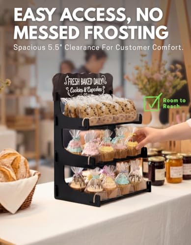 HOTCAN Cookie Display Stand for Bakers & Vendors with Acrylic Front | Wooden Dessert Stand with Chalkboard Sign for Market Booths, Craft Fairs & Events | 3 Tiered Cookie Display for Cupcakes, Muffins & Pastries (Black) - color: Black, size: 3 Tier