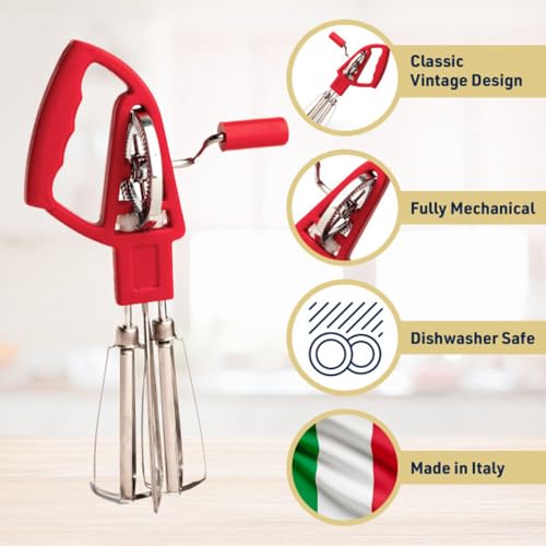 Kings County Tools Rotary Egg Beater Manual Hand Crank Mixer, Red - color: Red