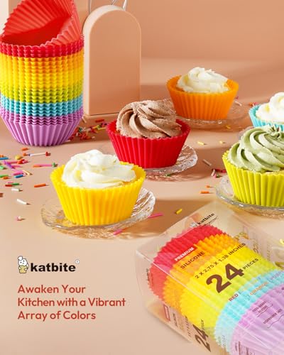 Katbite Silicone Cupcake Liners 24 Pack, Reusable Muffin Baking Cups - size: Rainbow Color 24