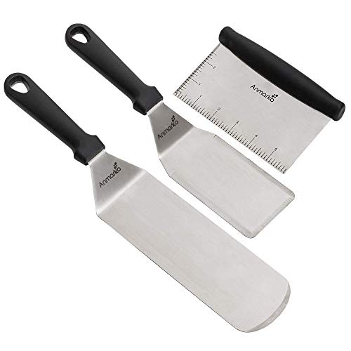 Griddle Sraper Flipper - 2 Metal Spatulas - Great for cast Iron Griddle BBQ Grill Flat Top - Commercial Grade - Griddle Accessories - color: Plastic Handle Set