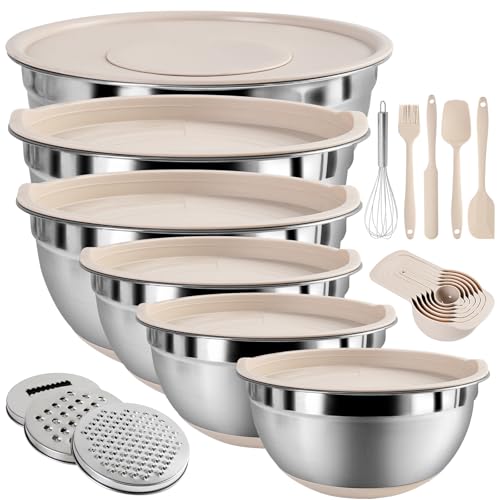 Mixing Bowls with Airtight Lids Set, Non-Slip Silicone Bottoms, Khaki - color: Khaki