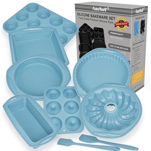 Nonstick Silicone Baking Mat Set, 9-in-1 Heat Resistant Cookie Sheet & Cake Pan Molds for Muffin, Loaf, Pizza, Cheesecake, Cupcake, Pie - Oven Bakeware Tools Kit - color: Blue