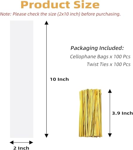 100 pcs Clear 2" x 10" Flat Cello Cellophane Bags Long chocolate covered pretzels Treat Bags chocolate bars bags candy bags for Gift Wrapping, Bakery, Cookie, Dessert, Party Favors Packaging with Color Twist Ties - size: 2x10 Inch (Pack of 100)