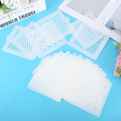 25 PCS Cookie Stencils Set, Reusable Baking Stencils with Checkered Heart Polka Dot Honeycomb Line Brick Star Patterns for Royal Icing Cake Decorating DIY Airbrush Templates for Cookies Coffee - style: Style 2