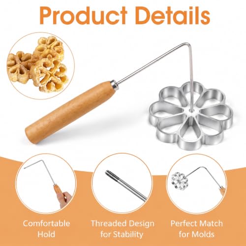 6 Pack Bunuelos Molds with Handles, Rosette Timbale Iron Set with 2 Interchangeable Heads, Aluminum Alloy Waffle Molds for Kitchen Baking, Lotus Star Cooking Stamp Houseware Tool