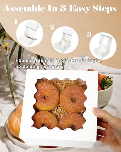 qiqee Auto-pop up 6x6x3 Inch White Cookie Box with Window 30Pcs Pastry Macaron Bakery Box for Packaging - color: 6x6x3, 30Pcs,White