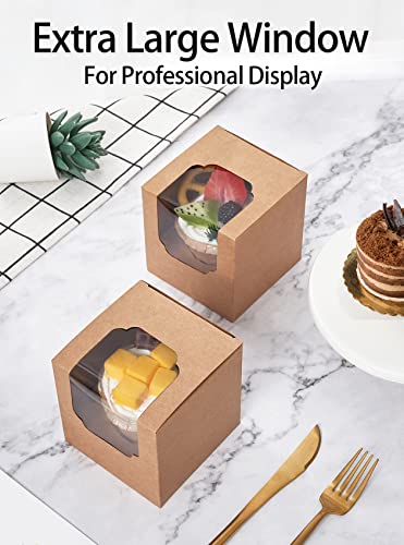 Happyhiram 100 Pack Brown Kraft Single Cupcake Boxes with Inserts & Window - color: Kraft Brown, size: 100-Count