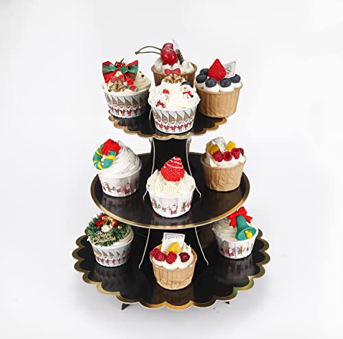 YLDW Cupcake Stand with Lace Trim, 3-Tier Cupcake Stand Display, Cardboard Cup Cake Tower Stand, Disposable Dessert Stand for Birthday Tea Party Baby Shower Treat Decorations, Black - color: Black-2