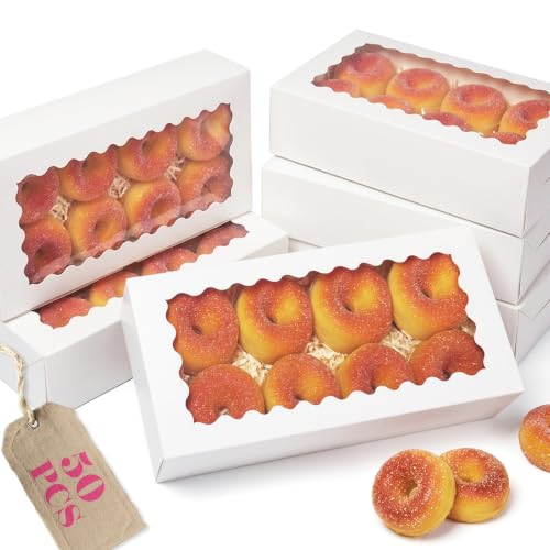 qiqee Auto-pop up Cookie Box with Window 12x5.5x2.5 Inch White 50Pcs Pastry Macaron Bakery Pie Box for Packaging - color: 12x5.5x2.5, 50Pcs, White