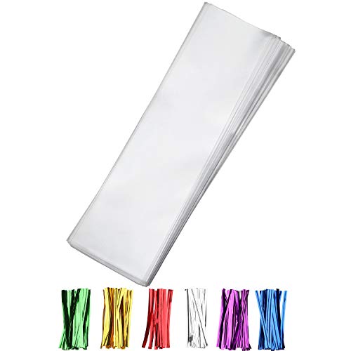 Nobranded 200 pcs Clear 3" x 11" Flat Cello Cellophane Bags Poly Treat Bags 2.8 mils for Gift Wrapping, Bakery, Cookie, Candies, Toast, Dessert, Party Favors Packaging with Color Twist Ties… - size: 3x11 Inch (Pack of 200)