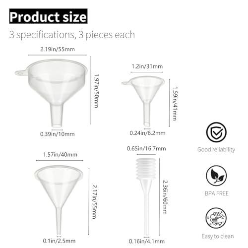 Small Funnel Kit, 9 Pack, 3 Sizes with Droppers for All Small Bottles