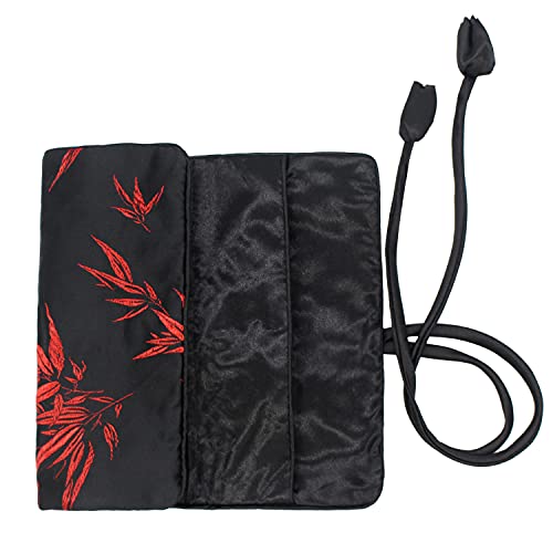 Wei Long Jewelry Roll, Travel Jewelry Roll Bag, Silk Embroidery Brocade Jewelry Organizer Case with Tie Close (Bamboo, Black) - color: Bamboo-Black