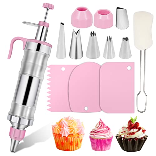 Dessert Decorating Syringe Set, Stainless Steel Frosting Piping Kit - color: Pink