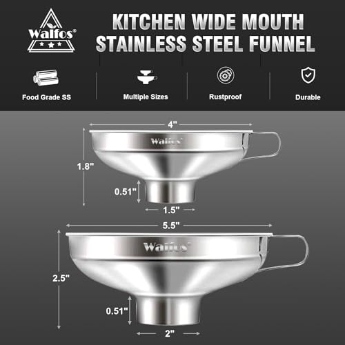 Walfos 2 Pack (4in & 5.5in) Stainless Steel Wide-Mouth Funnel with Handle for Wide and Regular Mason Jars Canning Jars, Wide-Mouth Funnels for Kitchen Use,Transferring Liquid and Dry Ingredients - color: 2pcs 5.5in+4in Stainless Steel