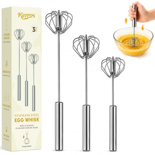 Kerros 3 Pack Semi Automatic Whisk Set, Stainless Steel Egg Beaters