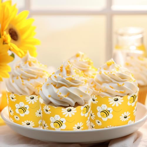 FYSUIMU 100Pcs Bee Paper Baking Cups Yellow White Bee Daisy Cupcake Wrappers Summer Scalloped Edge Cupcake Muffin Cases Disposable for Dessert Decoration - style: Bee
