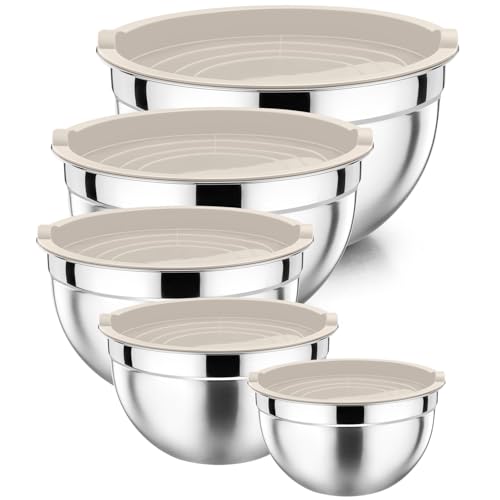 P&P CHEF Metal Mixing Bowls with Lids Set, Airtight Lids & Khaki - color: Khaki, style: Airtight Lids