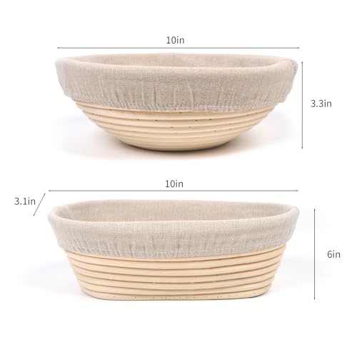 Banneton Bread Proofing Basket Set, 11 Inch Sourdough Proofing Basket and Bread Baking Supplies-Bread Lame, Danish Whisk, Bowl & Dough Scraper, Brush, (Rattan, 10in Round +10in Oval+1 Set Jar Kit) - size: Rattan, 10in Round +10in Oval+1 Set Jar Kit