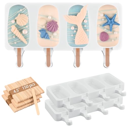 Sakolla 3 Pack Large Silicone Popsicle Molds with 150 Pcs Wooden Sticks - size: 3 Pcs Large - White (150 Sticks)