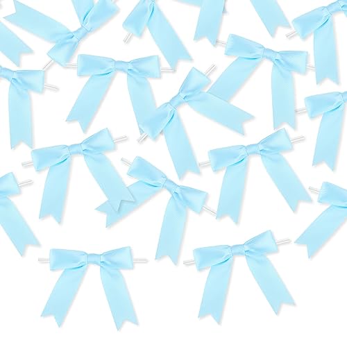 Meseey 50 Pcs 3 Inches Twist Tie Satin Ribbon Bows Baby Blue Pretied Premade Craft Bows for Treat Bags Gift Wrapping Basket Wedding Baby Shower Brithday Christmas Party (3", Baby Blue) - color: Baby Blue