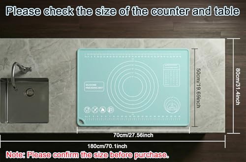 Silicone Pastry Mat 28" x 20" Extra Thick Silicone Baking Mat with Measurements and Edge Heightening Non-stick Food Grade Dough Rolling Mat Kneading Sheet for Pastry, Bread, Cookies (Mint Green) - color: Mint Green