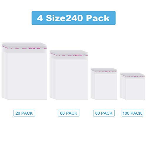 Geyoga 240 Pcs Clear Cellophane Bags Self Adhesive, 4 Size Cello Bags