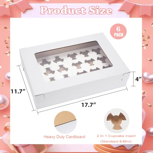 6 Pack Cupcake Boxes with Window for 24 Standard or Mini Cupcakes