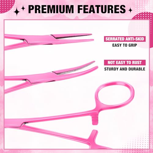 BBTO 2 Pcs Hemostat Forceps Curved Straight, Piercing Pliers,Pink - color: Pink