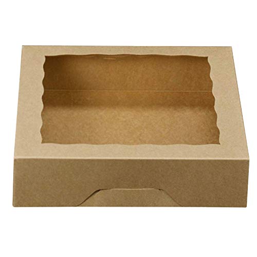 ONE MORE [15pcs] 10inch Kraft Bakery Boxes, Large Pie Boxes with PVC Window Natural Disposable Box for Cookie 10x10x2.5inch,Pack of 15