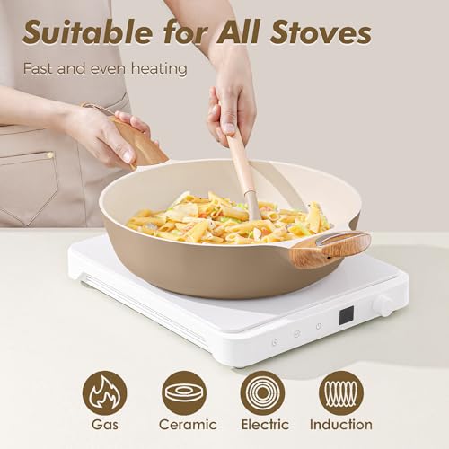 SENSARTE Ceramic Nonstick Frying Pan Skillet with Lid, 10.5 Inch Deep Frying Pan, 3.8 Qt Saute Pan, Induction Pan, Healthy Non Toxic Cooking Pan with Helper Handle, PFOA PFAS PTFE Free - color: Ceramic Taupe, size: 3.8QT / 10.5IN