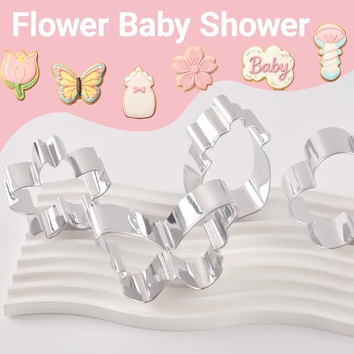 Flower Baby Shower Cookie Cutters Set, 8PCS Stainless Steel Cherry Blossom, Tulip, Daisy, Butterfly, Bottle, Dress, Rattle, Baby Blessing Frame Biscuit Cutters for Baby Shower Party Baking Decoration