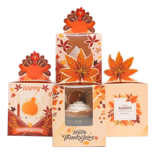 qiqee Thanksgiving Individual Cupcake Boxes Cupcake Holders Disposable 60pcs Single Cupcake Boxes with Window 3.7"x3.7"x4.5" Cupcake Containers For Thanksgiving - color: Thanksgiving, size: 60Pcs, One Holder