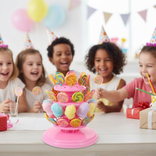 48-Hole Adjustable 4-Tier Cake Pop Stand & Lollipop Display Holder, Pink Plastic Drying Tower for Wedding Birthday Party Supplies, Candy Cotton Candy Stand Holder