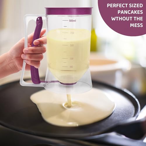 Pancake Batter Dispenser, Kitchen Must Have Tool for Perfect Pancakes, Cupcake, Waffle, Cake & Crepe, Batter Separator Maker with Measuring Label, Easy Pour Baking Supplies for Griddle (Purple) - color: Purple