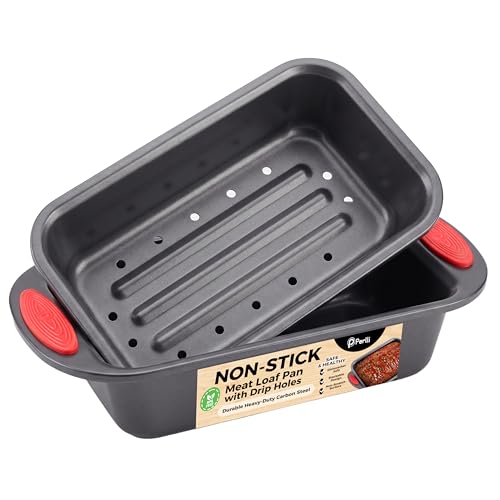 PERLLI Nonstick Meatloaf Pan with Drain Tray, Elevated Inner Pan for Fat and Grease Removal, Easy Grip Silicone Handles, Dishwasher Safe with Heavy-Duty Carbon Steel Bakeware for Even Heating (Gray) - color: Gray