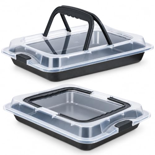 Webake 2 Pack 15x10 Baking Pan with Lid and Handle, Non-Stick Jelly Roll Pan, Rectangle Cake Carrier for Transport & Serve - size: 15 x 10 inch