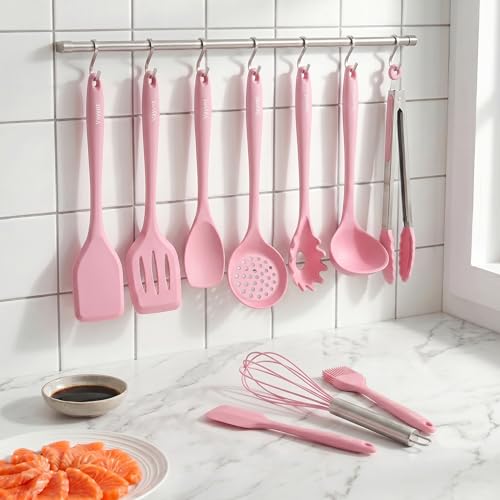 Vayvnt Cooking Utensils Set, 10PCS Non Toxic Silicone Set for Kitchen, Pink - color: Pink
