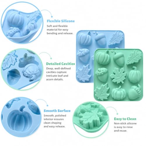 4 Pcs Autumn Silicone Molds Pumpkin Acorn Maple Leaf Fondant Baking Tray - color: blue green