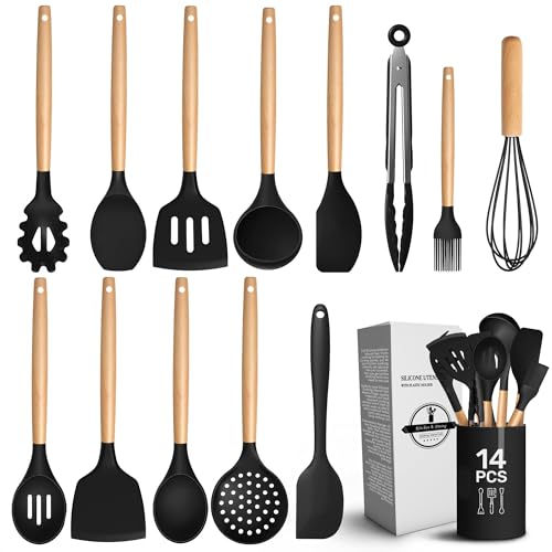 14 Pcs Kitchen Utensils Set with Holder, Beech Handles (Black)
