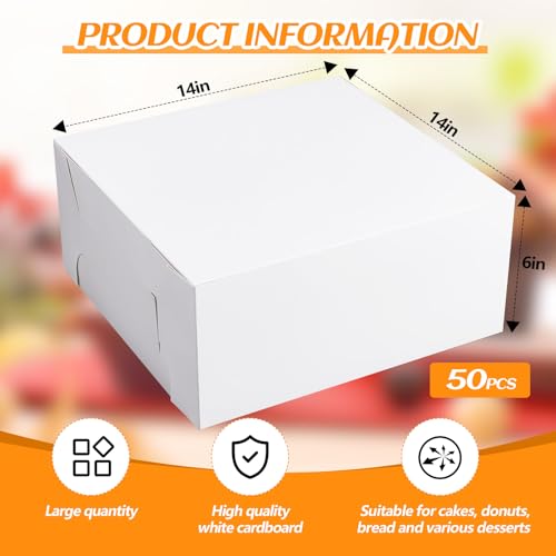 Ireer 50 Pack White Cake Boxes 14 x 14 x 6 Inch Cake Transport Container - size: 14 x 14 x 6 Inch