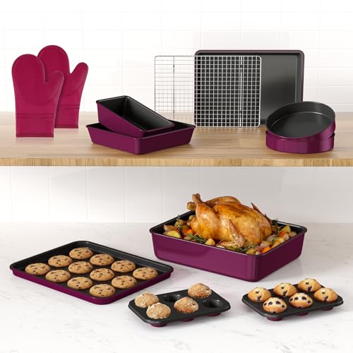 Wildone 13-Piece Baking Pans Set, Nonstick Bakeware Sets, Plum - color: Plum