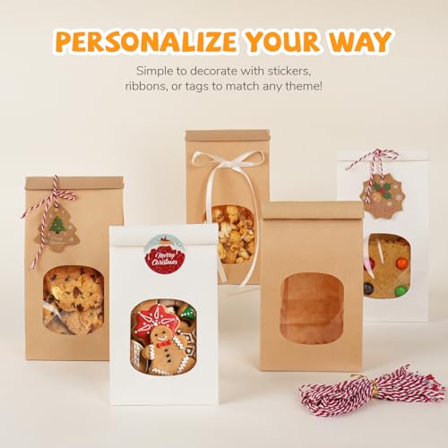 50 Pcs Bakery Bags with Window, Tin Tie Tab Cookie Bags, 3.9x2.3x8 Inches - color: Brown
