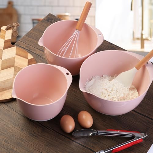 3 Small Mixing Bowls Set with Lids,Grips,Pour Spout and TPR Bottom, Plastic Nesting Bowl Use for Kitchen Cooking-Prep,Serving,Baking Bread Cake,Pancake,Non-slip,3Qt,2Qt,1.5Qt,Pink - color: Pink