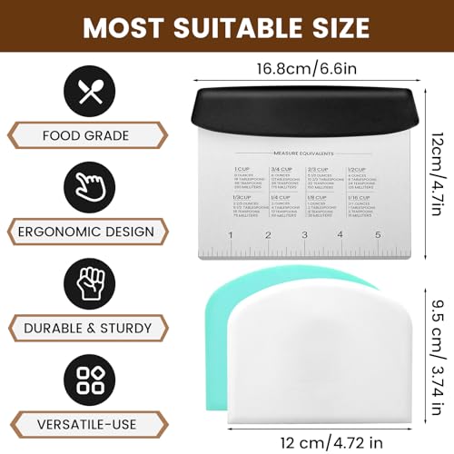 SCHVUBENR Dough Scraper Set with 2 Flexible Bowl Scrapers - Stainless Steel Dough Cutter & Bench Scraper with Measuring Scale - Versatile Kitchen Scraper for Bread, Pastry, Pizza, Cake - Black & Blue - color: Black/Blue