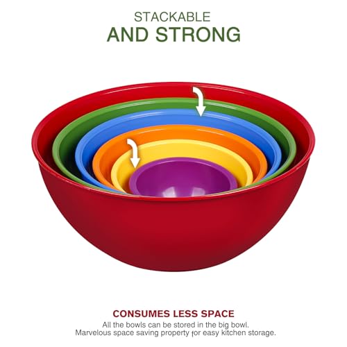 Greentainer Plastic Mixing Bowls with Lids Set for Kitchen, 6 Set Nesting Bowls for Mixing, Baking, Prepping, Cooking and Serving Food, Mixing Bowls Dishwasher, Microwave Safe - color: Red