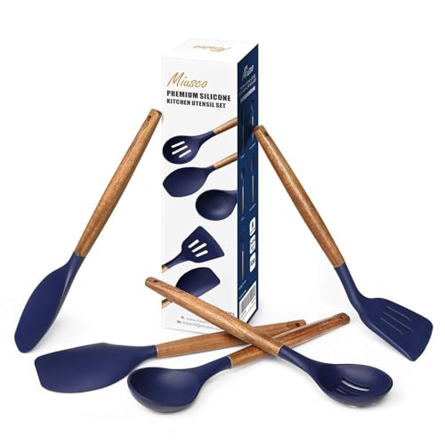 Non-Stick Silicone Kitchen Utensils Set with Natural Acacia Hard Wood Handle, 5 Piece, Midnight Blue, BPA Free, Baking & Serving Silicone Cooking Utensils - color: Midnight Blue