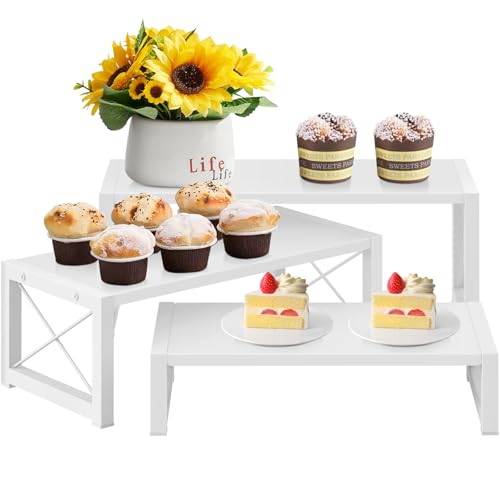 ELITEROO White 3-Tier Cupcake Stand & Wooden Display Riser, Dessert Stand for Cupcakes, Food, Perfume, Makeup, Dolls, Collectibles, Multi-Tiered Shelf Organizer for Market Vendors & Retail Display - color: 3 Tier, White