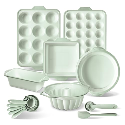 COOK WITH COLOR 17 Pc. Silicone Baking Pan Set - Non-Stick & Easy Clean Silicone Muffin Pans for Baking with Sturdy Metal Frame for Stability, Flexible Cake Molds, Includes Measuring Cups and Spoons - color: Sage